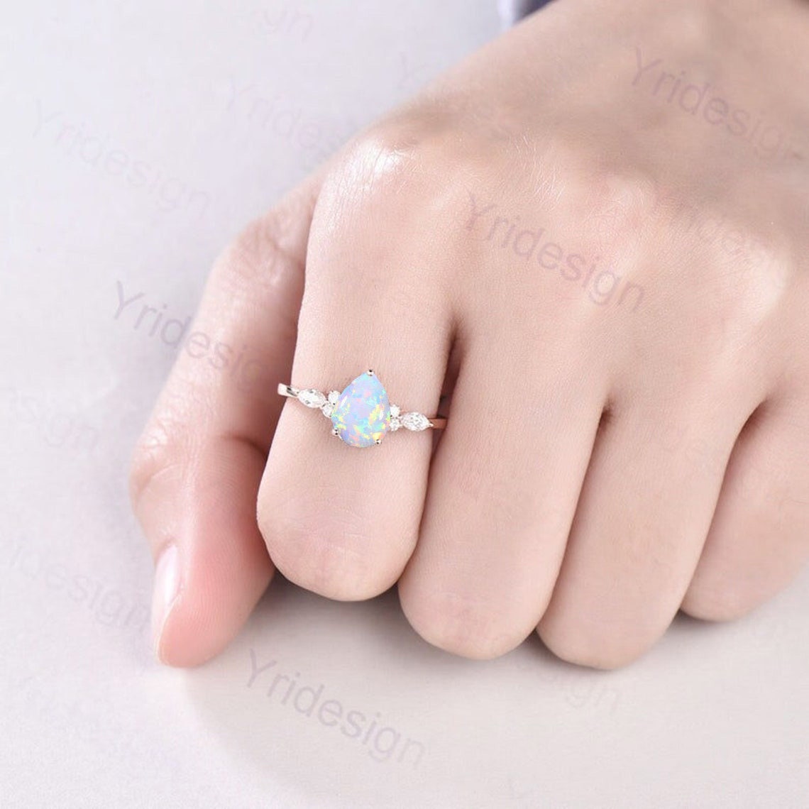 Retro Pear Shaped Opal Ring Rose Gold Fire Opal Ruby Engagement Ring Seven Stone Cluster Promise Ring October Birthstone Anniversary gift - PENFINE