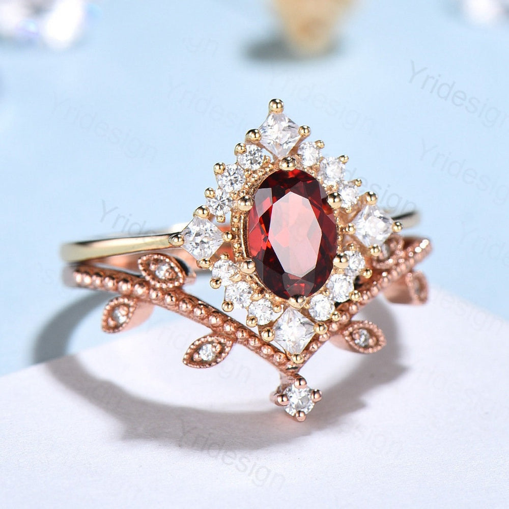 Oval Garnet Art Deco Bridal Set - Rose Gold Vintage Halo Engagement Ring - PENFINE