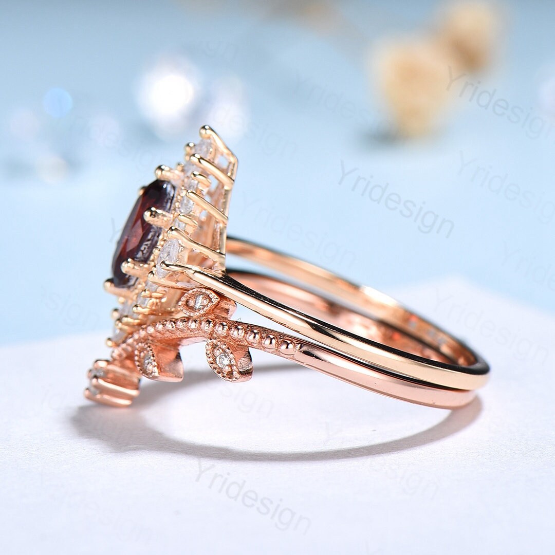 Oval Garnet Art Deco Bridal Set - Rose Gold Vintage Halo Engagement Ring - PENFINE