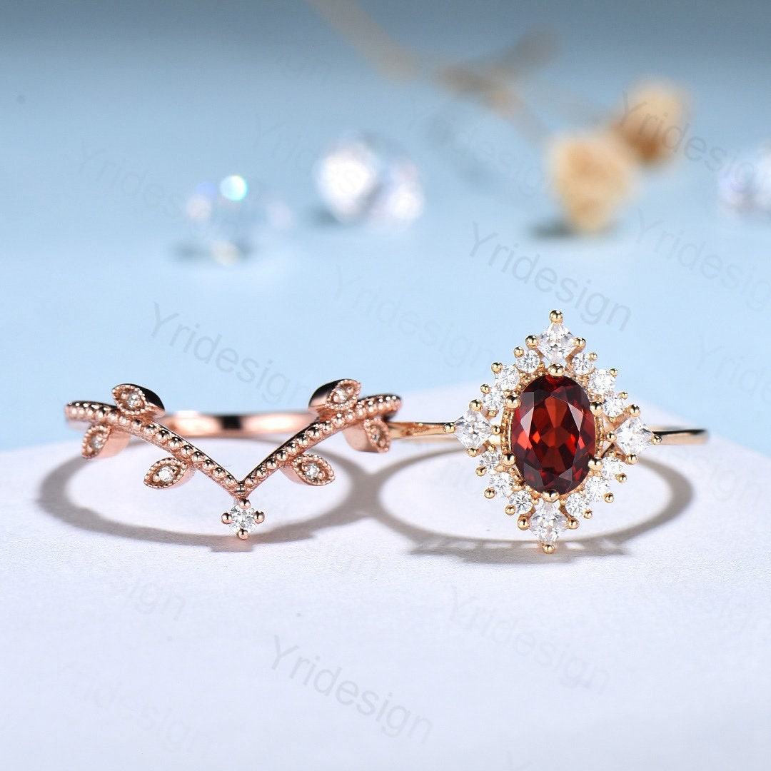 Oval Garnet Art Deco Bridal Set - Rose Gold Vintage Halo Engagement Ring - PENFINE