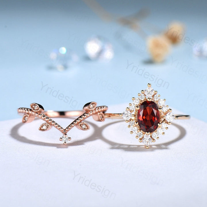 Oval Garnet Art Deco Bridal Set - Rose Gold Vintage Halo Engagement Ring - PENFINE