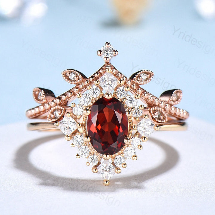 Oval Garnet Art Deco Bridal Set - Rose Gold Vintage Halo Engagement Ring - PENFINE