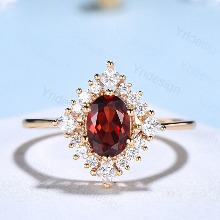 Oval Garnet Art Deco Bridal Set - Rose Gold Vintage Halo Engagement Ring - PENFINE