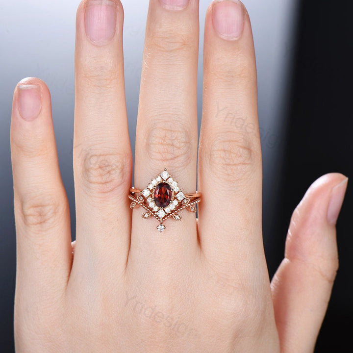 Oval Garnet Art Deco Bridal Set - Rose Gold Vintage Halo Engagement Ring - PENFINE