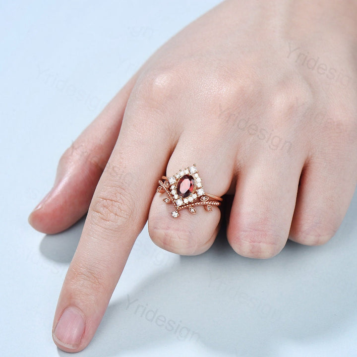 Oval Garnet Art Deco Bridal Set - Rose Gold Vintage Halo Engagement Ring - PENFINE