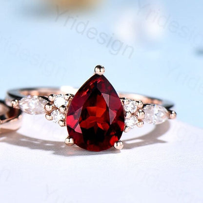 Vintage pear shaped garnet engagement ring set 14k rose gold marquise cut moissanite ring for women unique bridal wedding ring set - PENFINE