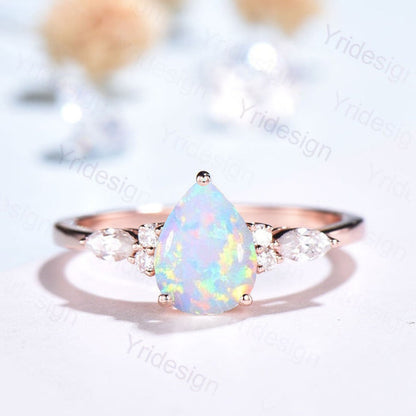 Retro Pear Shaped Opal Ring Rose Gold Fire Opal Ruby Engagement Ring Seven Stone Cluster Promise Ring October Birthstone Anniversary gift - PENFINE