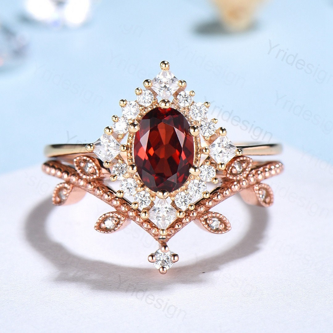 Oval Garnet Art Deco Bridal Set - Rose Gold Vintage Halo Engagement Ring - PENFINE