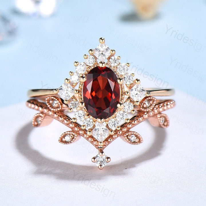 Oval Garnet Art Deco Bridal Set - Rose Gold Vintage Halo Engagement Ring - PENFINE