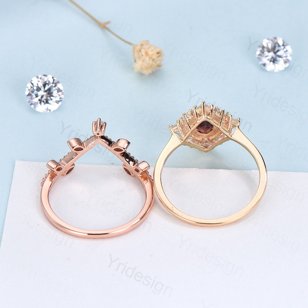 Oval Garnet Art Deco Bridal Set - Rose Gold Vintage Halo Engagement Ring - PENFINE