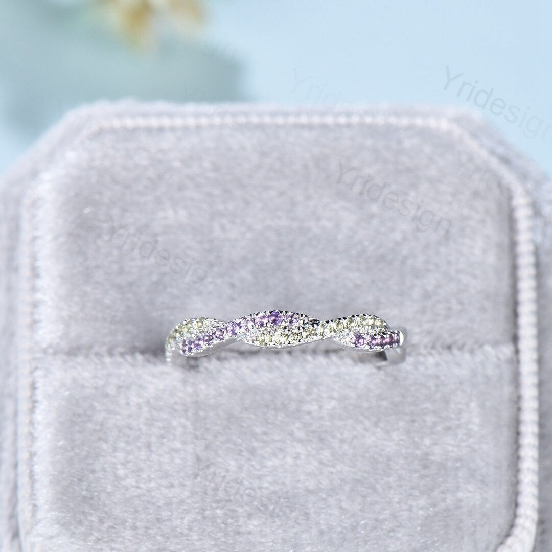 Natural amethyst peridot wedding ring infinity wedding band women half eternity stacking ring white gold Bridal Ring Anniversary Gift - PENFINE