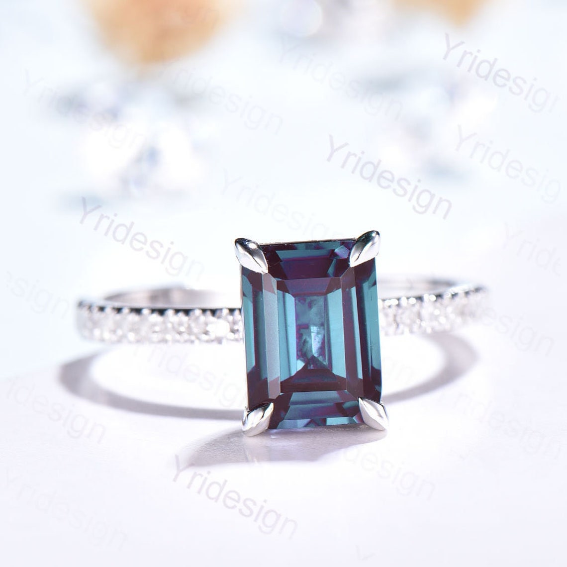 6CT Emerald Cut Alexandrite Ring 14K Rose Gold Engagement Ring Hidden Halo Moissanite Elegant Anniversary Ring For Women Basket Ball set - PENFINE
