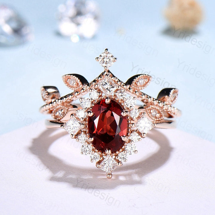 Oval Garnet Art Deco Bridal Set - Rose Gold Vintage Halo Engagement Ring - PENFINE