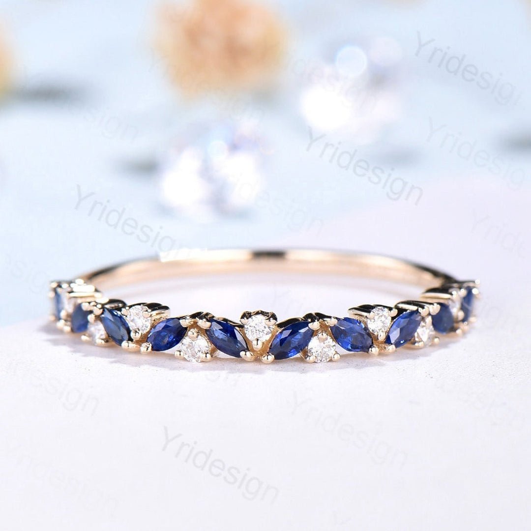 Vintage Sapphire Wedding band women rose gold marquise cut wedding band Matching Stacking half eternity Promise Simple Anniversary ring - PENFINE