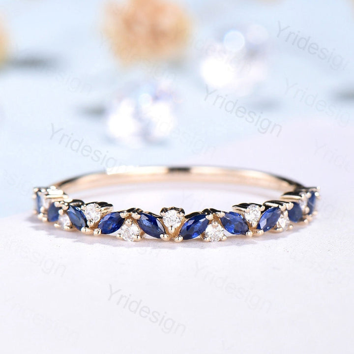 Vintage Sapphire Wedding band women rose gold marquise cut wedding band Matching Stacking half eternity Promise Simple Anniversary ring - PENFINE