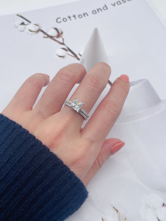 1ct Princess Cut CVD Grown Diamond Engagement Ring Set - 14K White Gold Wedding Band