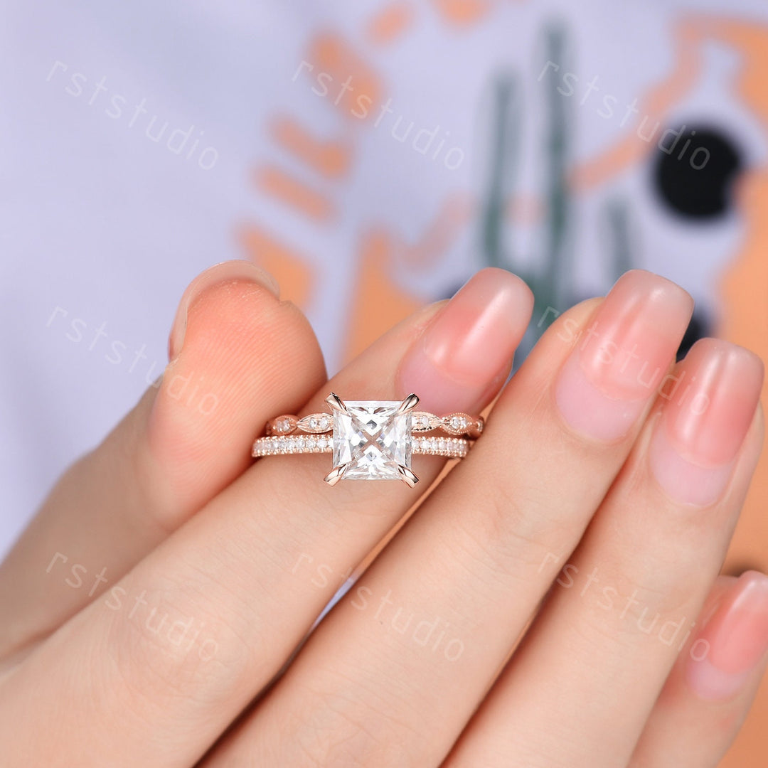 3ct Princess Cut Lab Grown Diamond Engagement Ring Set: 14k Rose Gold Wedding Band