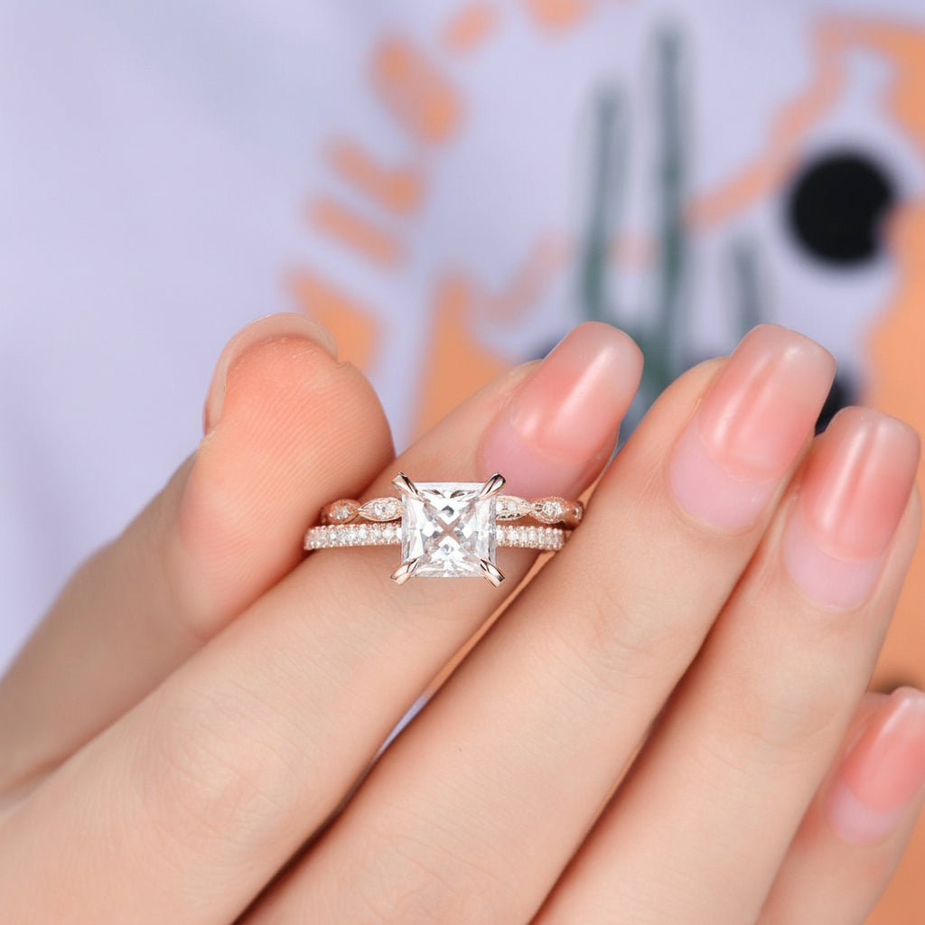 3ct Princess Cut Lab Grown Diamond Engagement Ring Set: 14k Rose Gold Wedding Band