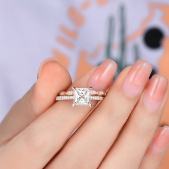 3ct Princess Cut Lab Grown Diamond Engagement Ring Set: 14k Rose Gold Wedding Band