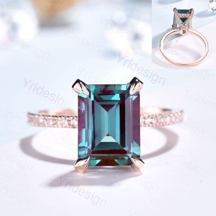 6CT Emerald Cut Alexandrite Ring 14K Rose Gold Engagement Ring Hidden Halo Moissanite Elegant Anniversary Ring For Women Basket Ball set - PENFINE