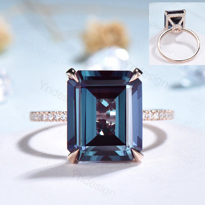 6CT Emerald Cut Alexandrite Ring 14K Rose Gold Engagement Ring Hidden Halo Moissanite Elegant Anniversary Ring For Women Basket Ball set - PENFINE