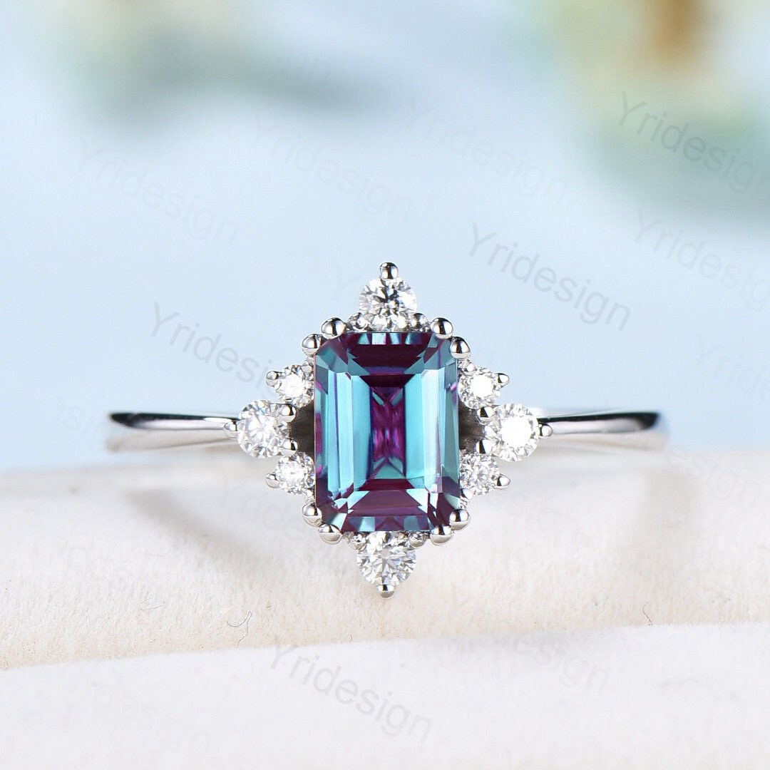 Elegant Emerald Cut Alexandrite Engagement Ring 14K White Gold Unique Vintage Alexandrite Moissanite Wedding Ring For Women June Birthstone - PENFINE
