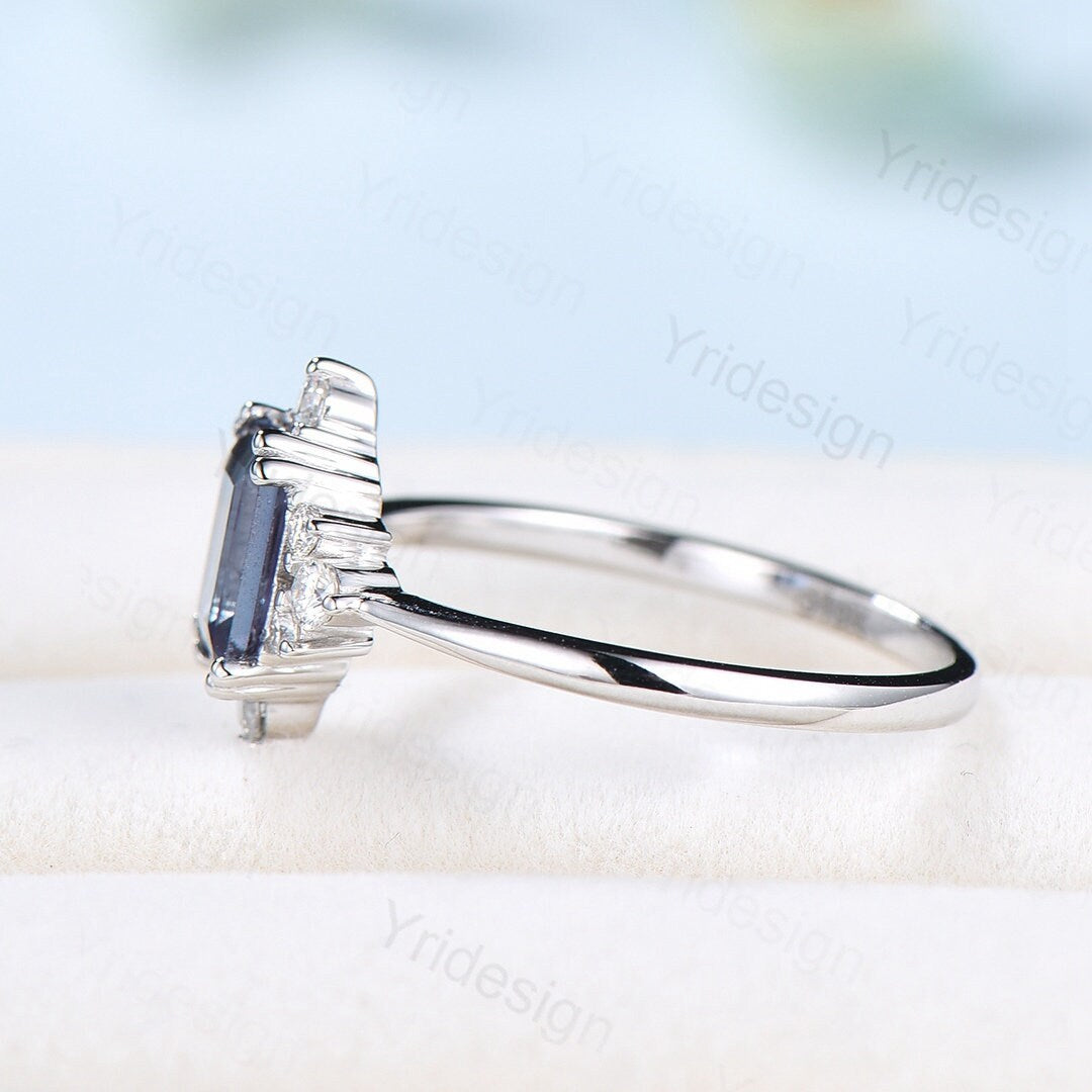 Elegant Emerald Cut Alexandrite Engagement Ring 14K White Gold Unique Vintage Alexandrite Moissanite Wedding Ring For Women June Birthstone - PENFINE