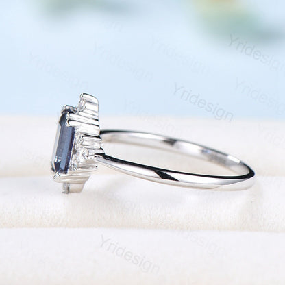 Elegant Emerald Cut Alexandrite Engagement Ring 14K White Gold Unique Vintage Alexandrite Moissanite Wedding Ring For Women June Birthstone - PENFINE