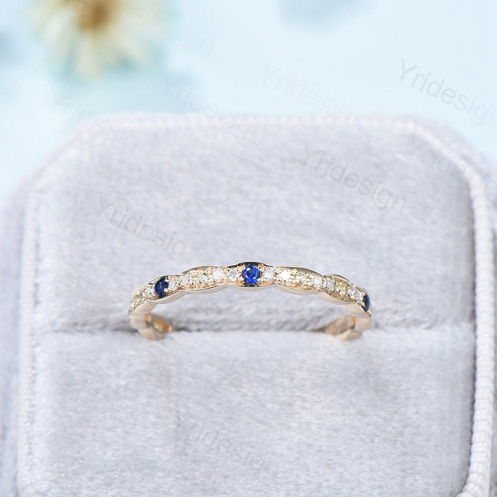 Sapphire peridot diamond wedding ring band solid 14K 18k yellow gold full eternity diamond stacking matching band art deco engagement  ring - PENFINE