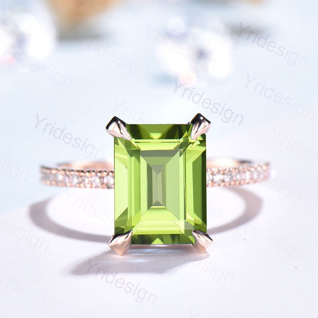 Vintage Emerald Cut Peridot Engagement Ring Set Hidden Halo Basket 3CT Peridot Eternity Bridal Ring Women Rose Gold Anniversary Wedding Set - PENFINE