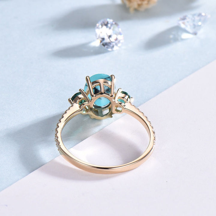 Oval Turquoise Engagement Ring, Emerald Diamond Three Stone Bridal Ring - PENFINE