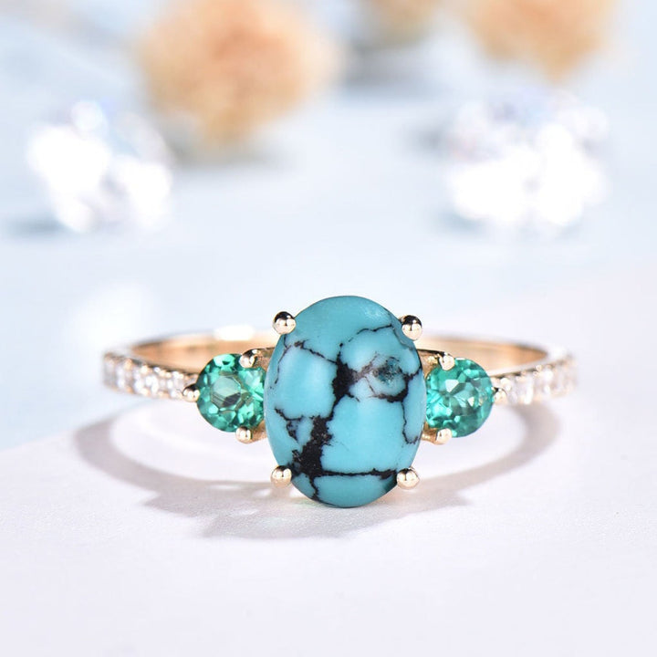 Oval Turquoise Engagement Ring, Emerald Diamond Three Stone Bridal Ring - PENFINE