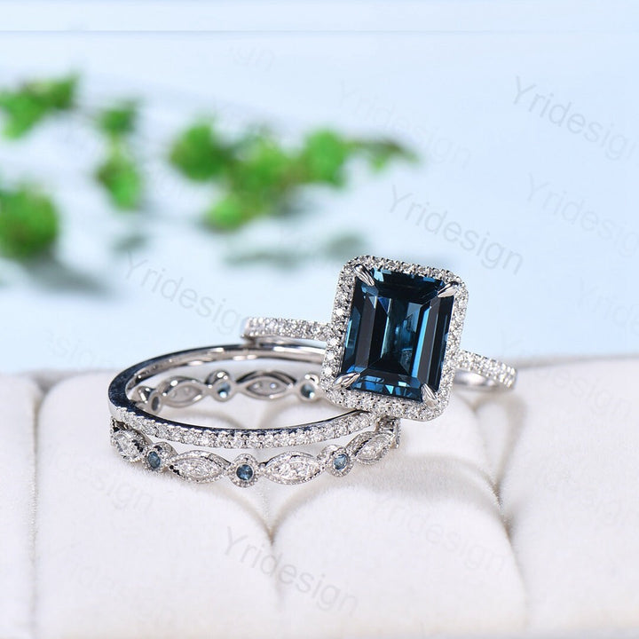 Emerald cut London Blue Topaz Engagement Ring Solid 14k White gold Halo diamond topaz bridal set art deco bridal wedding ring set for women - PENFINE