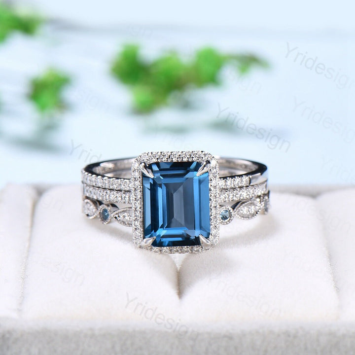 Emerald cut London Blue Topaz Engagement Ring Solid 14k White gold Halo diamond topaz bridal set art deco bridal wedding ring set for women - PENFINE