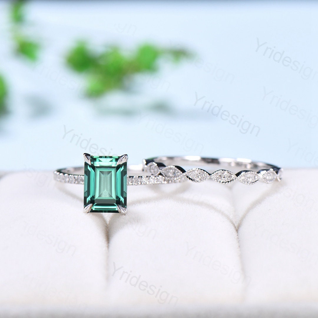 Emerald Cut Lab Green Sapphire Engagement Ring Set, White Gold - PENFINE