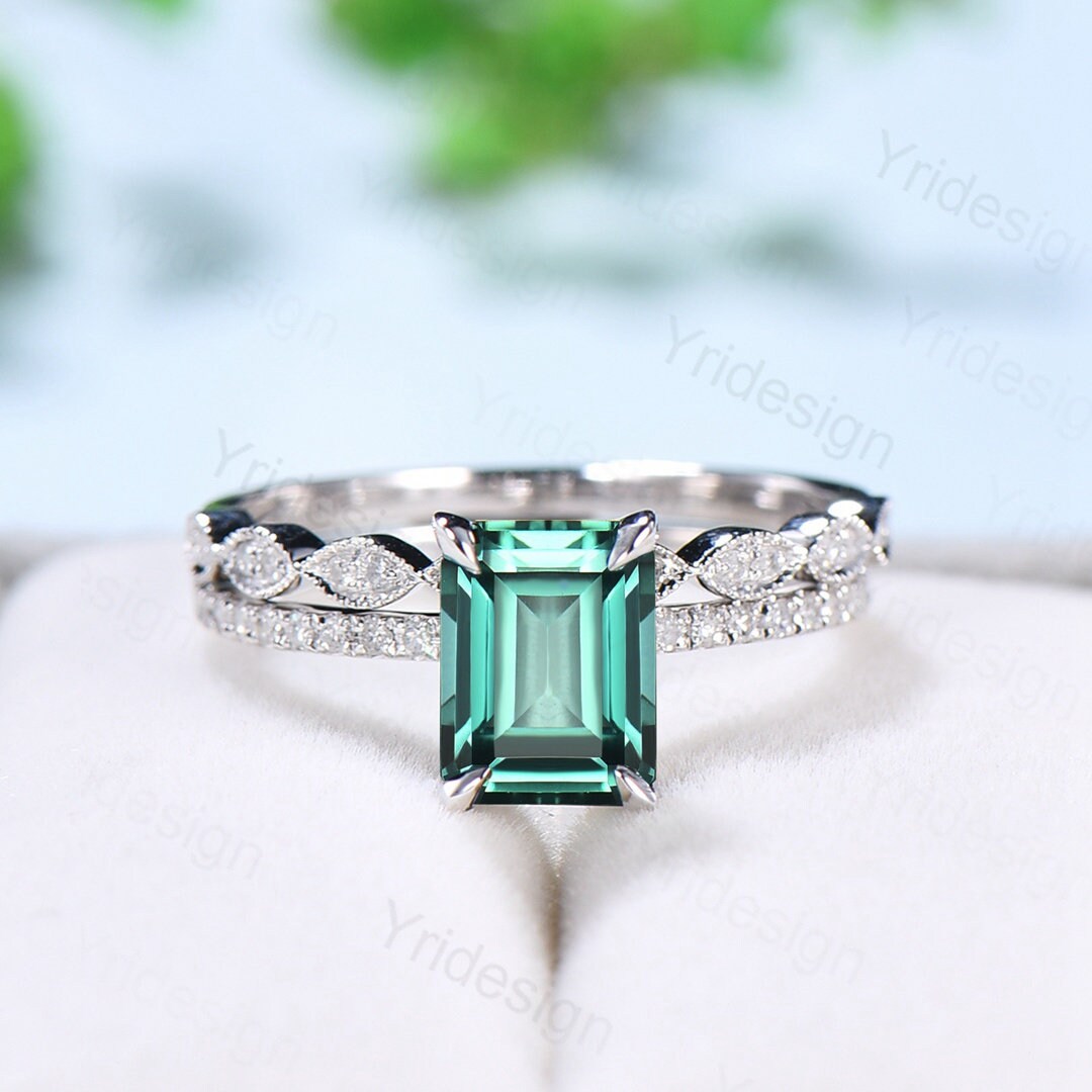 Emerald Cut Lab Green Sapphire Engagement Ring Set, White Gold - PENFINE