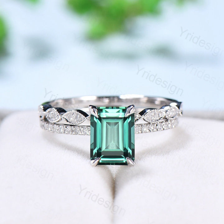 Emerald Cut Lab Green Sapphire Engagement Ring Set, White Gold - PENFINE