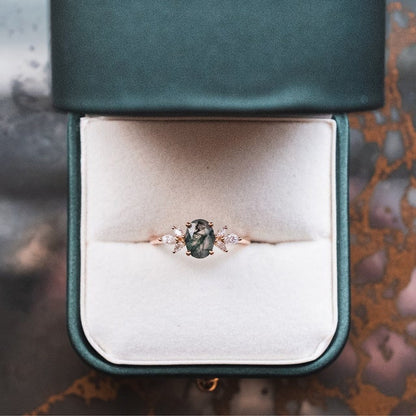 1.5CT Oval Natural Moss Agate Engagement Ring Cluster Diamond Green Agate Wedding Ring Art Deco Vintage Retro Green Crystal Anniversary Ring - PENFINE