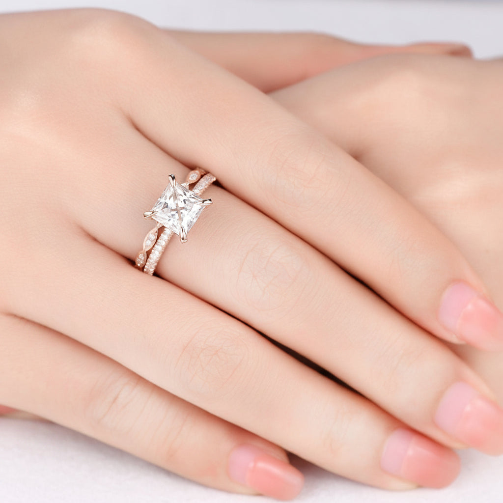 3ct Princess Cut Lab Grown Diamond Engagement Ring Set: 14k Rose Gold Wedding Band