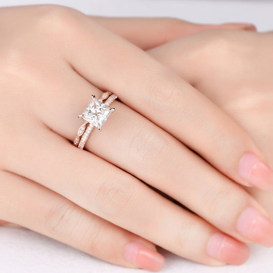 3ct Princess Cut Lab Grown Diamond Engagement Ring Set: 14k Rose Gold Wedding Band