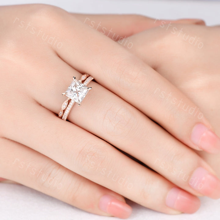 3ct Princess Cut Lab Grown Diamond Engagement Ring Set: 14k Rose Gold Wedding Band