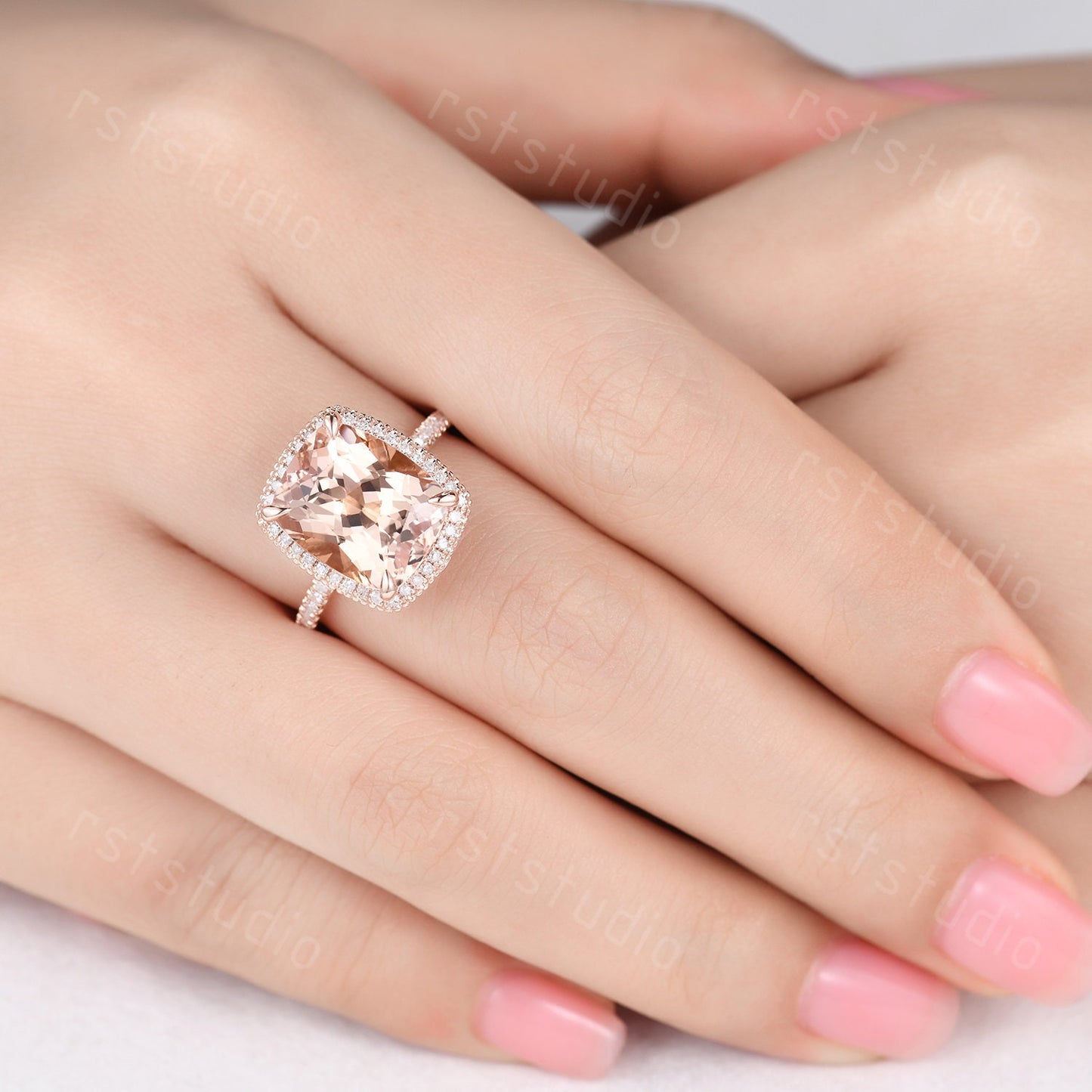 Cushion Cut Morganite Engagement Ring, Diamond Halo, White Gold Band
