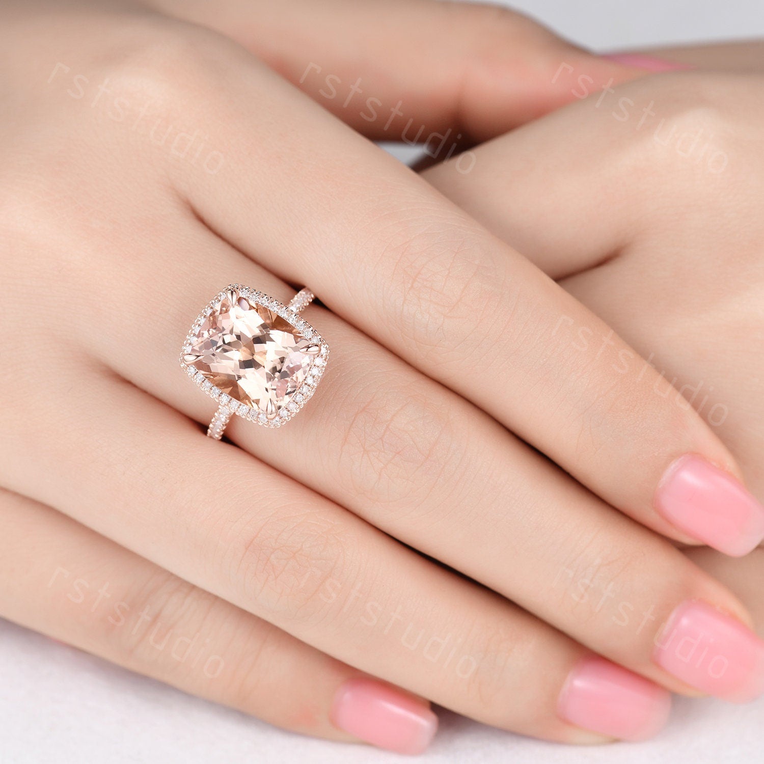 Cushion Cut Morganite Engagement Ring, Diamond Halo, White Gold Band