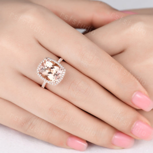 Cushion Cut Morganite Engagement Ring, Diamond Halo, White Gold Band
