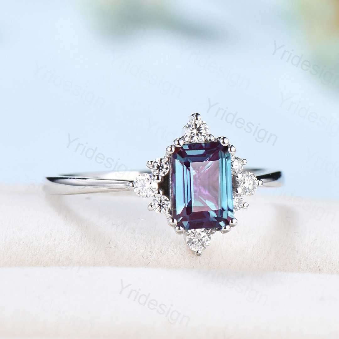 Elegant Emerald Cut Alexandrite Engagement Ring 14K White Gold Unique Vintage Alexandrite Moissanite Wedding Ring For Women June Birthstone - PENFINE