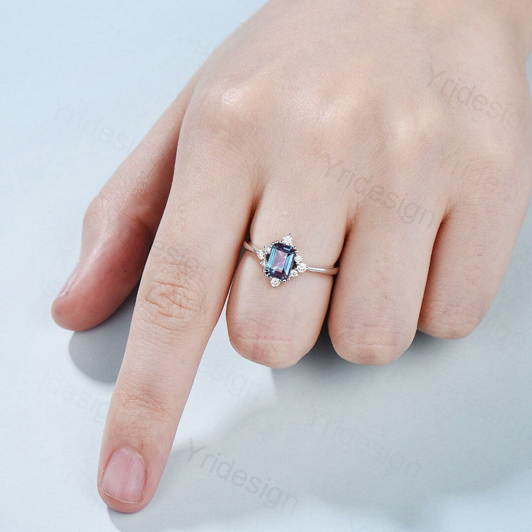 Elegant Emerald Cut Alexandrite Engagement Ring 14K White Gold Unique Vintage Alexandrite Moissanite Wedding Ring For Women June Birthstone - PENFINE