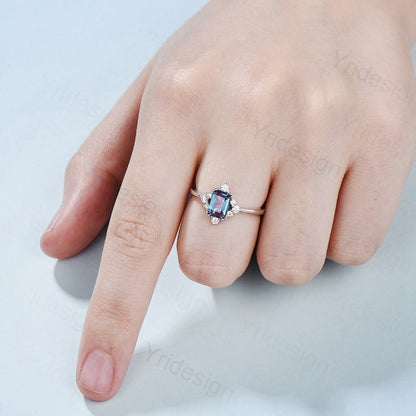 Elegant Emerald Cut Alexandrite Engagement Ring 14K White Gold Unique Vintage Alexandrite Moissanite Wedding Ring For Women June Birthstone - PENFINE