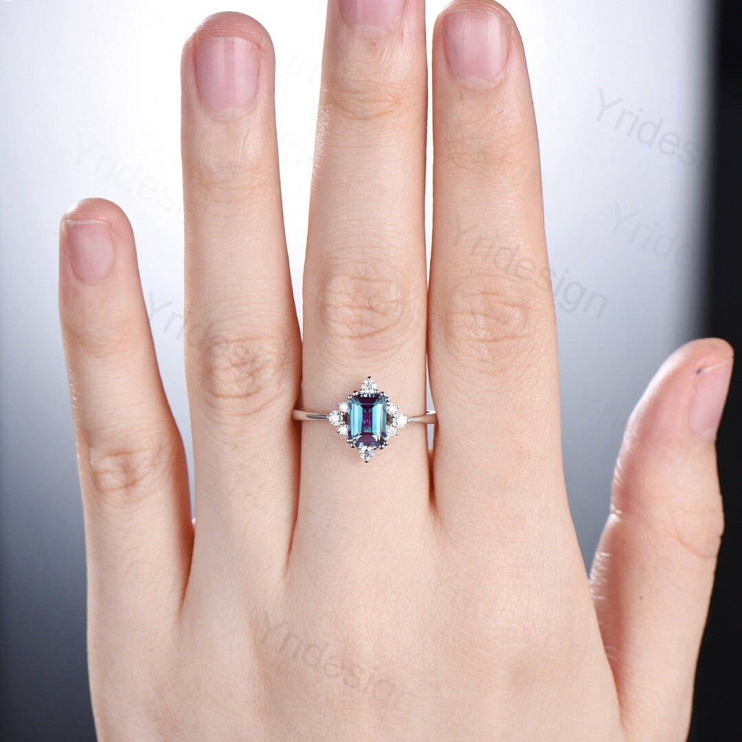 Elegant Emerald Cut Alexandrite Engagement Ring 14K White Gold Unique Vintage Alexandrite Moissanite Wedding Ring For Women June Birthstone - PENFINE