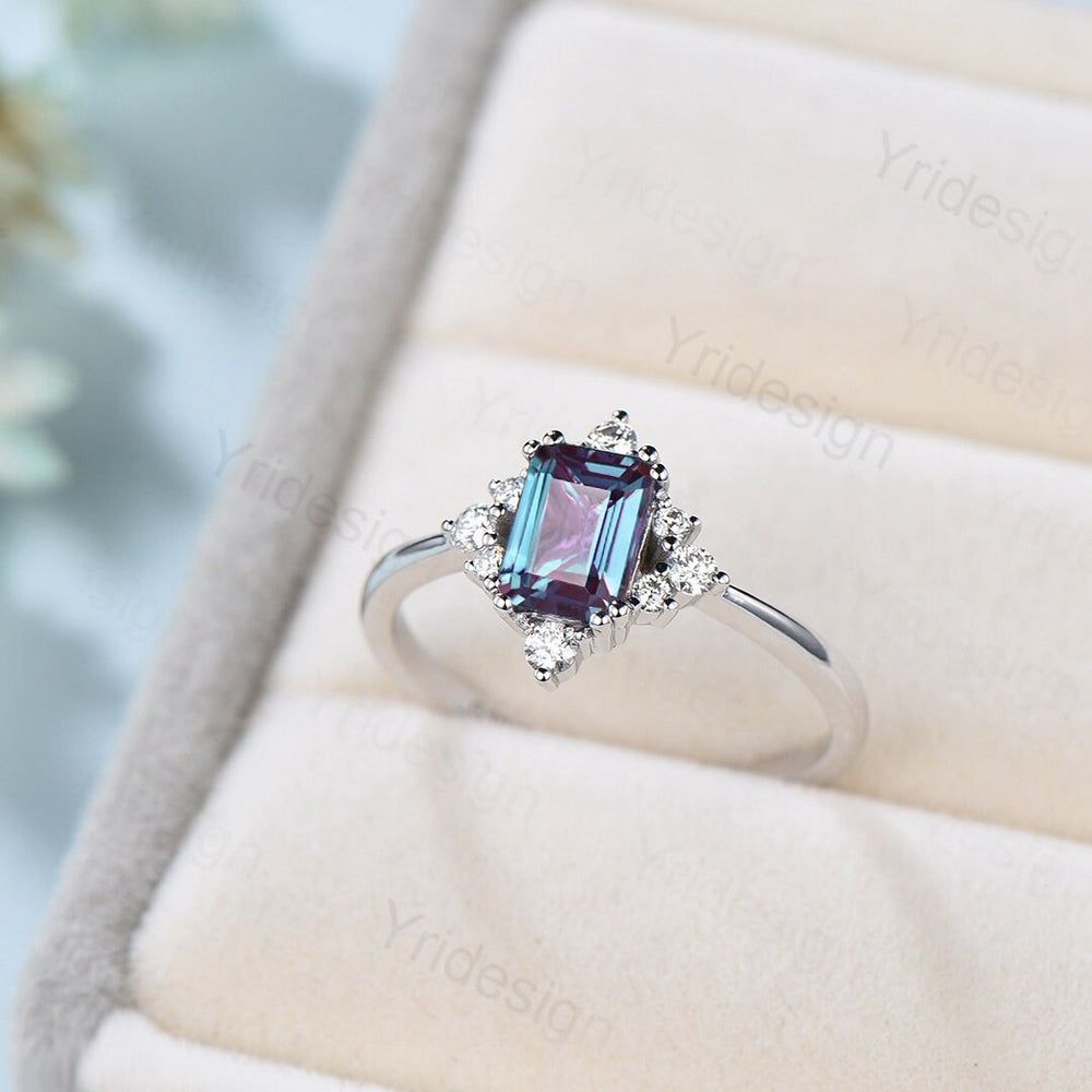 Elegant Emerald Cut Alexandrite Engagement Ring 14K White Gold Unique Vintage Alexandrite Moissanite Wedding Ring For Women June Birthstone - PENFINE