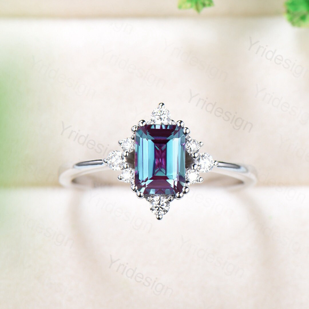 Elegant Emerald Cut Alexandrite Engagement Ring 14K White Gold Unique Vintage Alexandrite Moissanite Wedding Ring For Women June Birthstone - PENFINE
